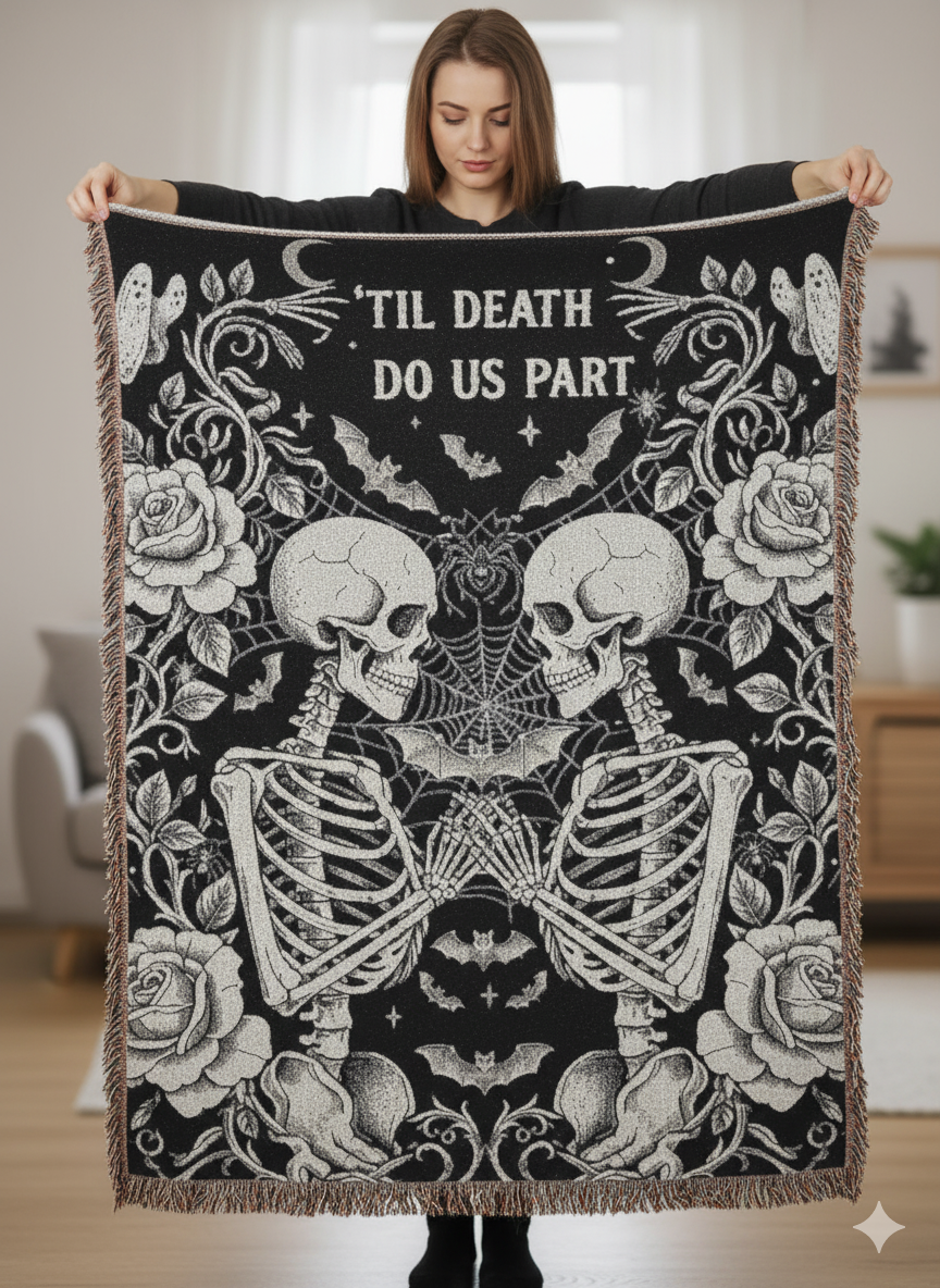 Skeleton Lovers Woven Blanket |Gothic Wedding Blanket | Halloween Blanket